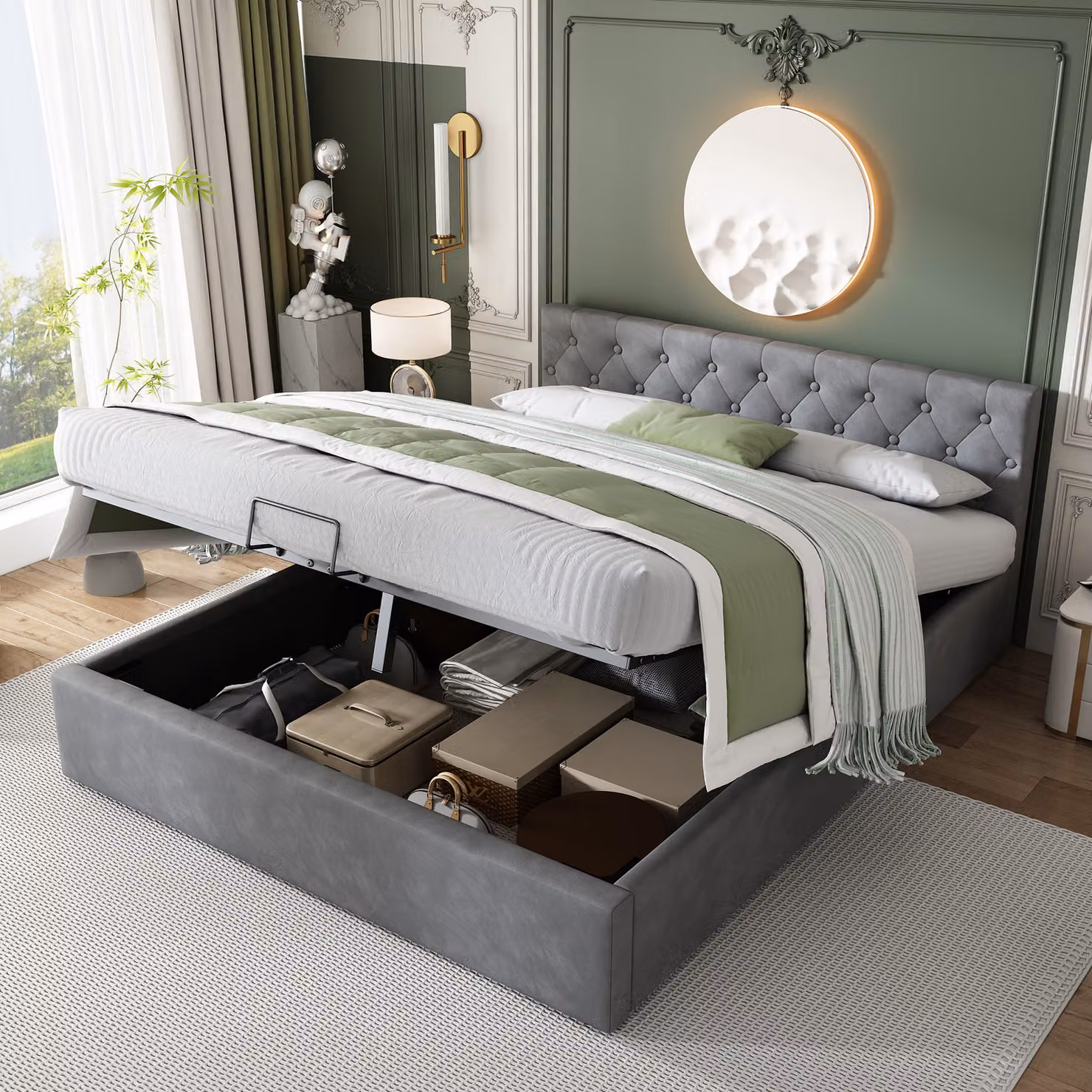Letto imbottito Flieks 140x200cm, letto contenitore con contenitore e rete a doghe, letto matrimoniale in velluto letto funzionale in legno, grigio