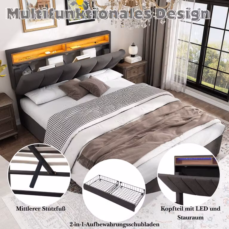 Letto imbottito Flieks 140x200cm con 2 cassetti, letto a molle idrauliche con rete a doghe, letto contenitore con LED, letto matrimoniale per ragazzi, biancheria, grigio