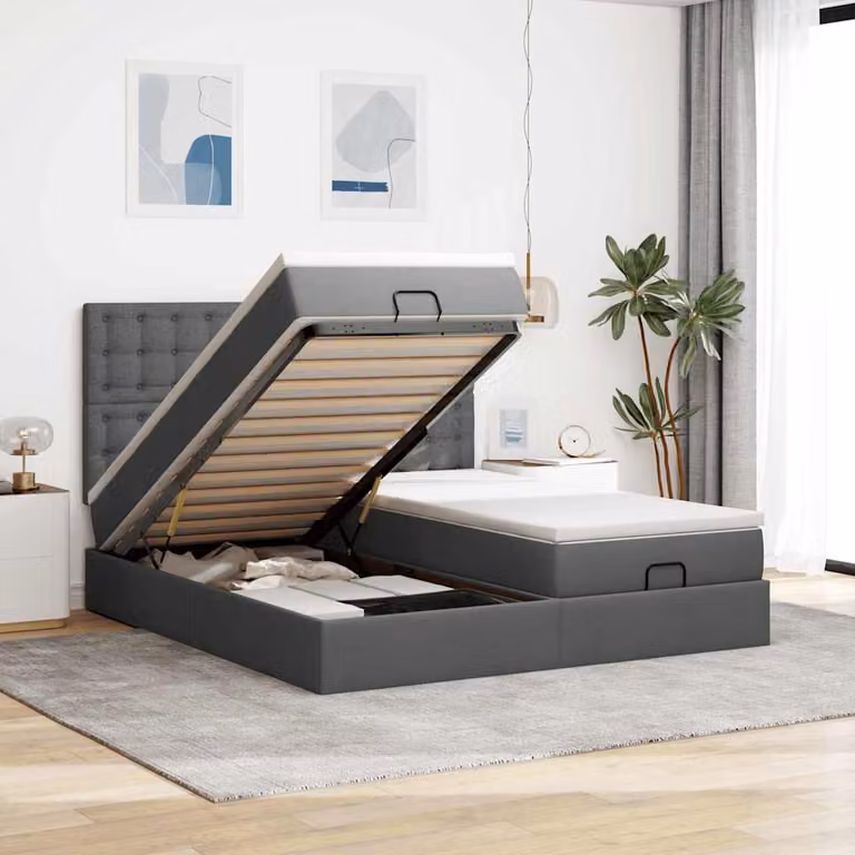 vidaXL Letto Contenitore Moderno con Materasso in Tessuto, Colore Grigio e Bianco, L/P/H: 160 x 200 x 203 cm