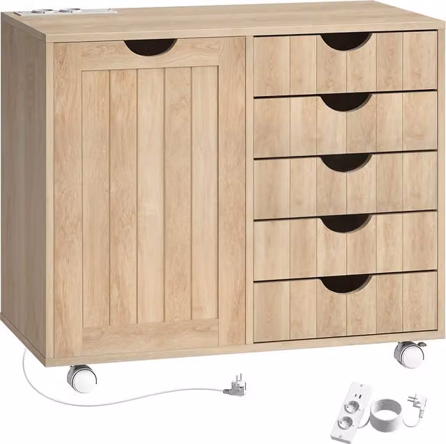 Carrello Mobile per Stampante HOMCOM con Stazione di Ricarica USB, 5 Cassetti e Ruote, Colore Naturale/Marrone/Beige