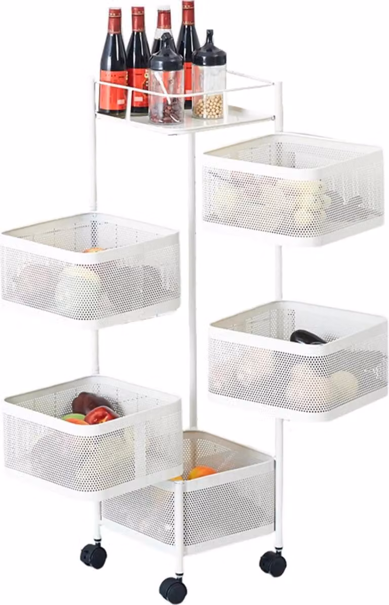 Scaffale portaoggetti da cucina - Scaffale a 5 ripiani in vimini - Girevole a 360° - Cestini rimovibili - Da appoggio - Acciaio - Bianco