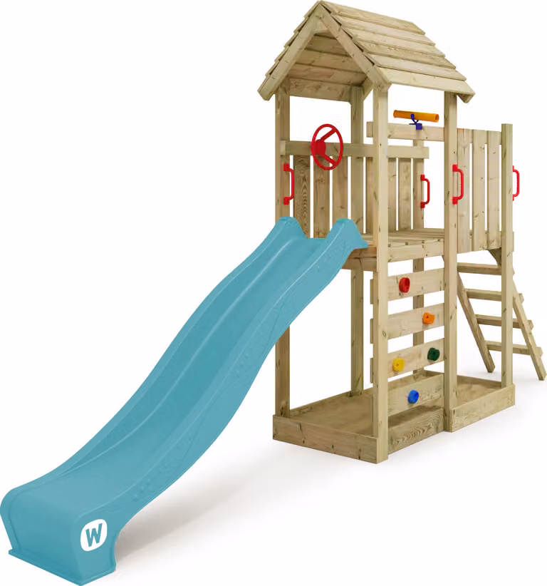 Torre giochi Wickey JoyFlyer con scivolo e parete da arrampicata in blu turchese
