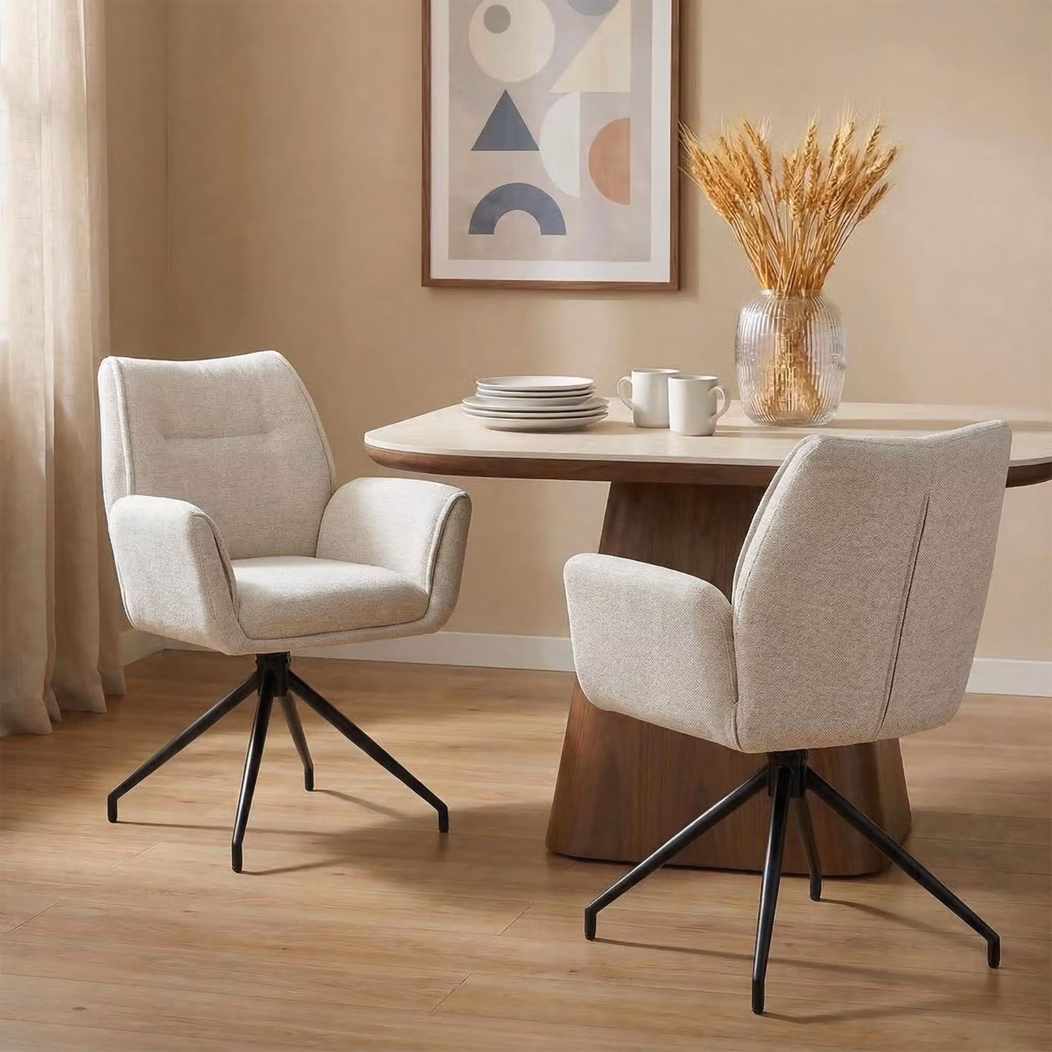 Set da 2 sedie da pranzo LIRA, bianco crema - Sedie imbottite con braccioli e rivestimento in tessuto, sedie da cucina girevoli a 360° con struttura in metallo [portata massima 120 kg]