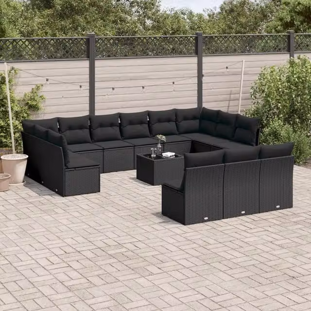 Set di Divani da Giardino Moderno VIDAXL a Forma di U in Polyrattan Nero con Cuscini, 14 Pezzi – 1