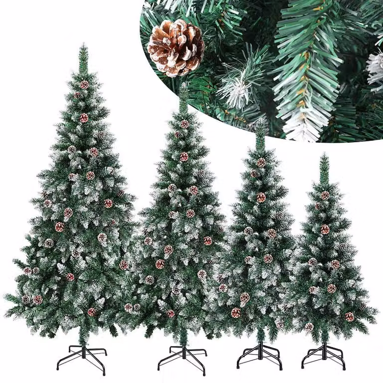 Albero di Natale artificiale con pigne e decorazioni a forma di neve, realizzato in PVC, facile da montare con sistema a innesto, riutilizzabile, altezza 210 cm