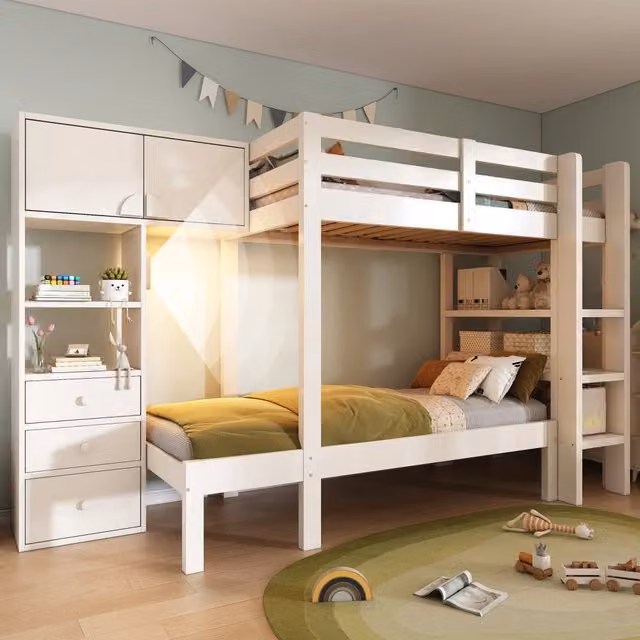 Letto a castello 90 × 200 cm con armadio, 3 cassetti, mensole e luce notturna con sensore, senza materasso, bianco