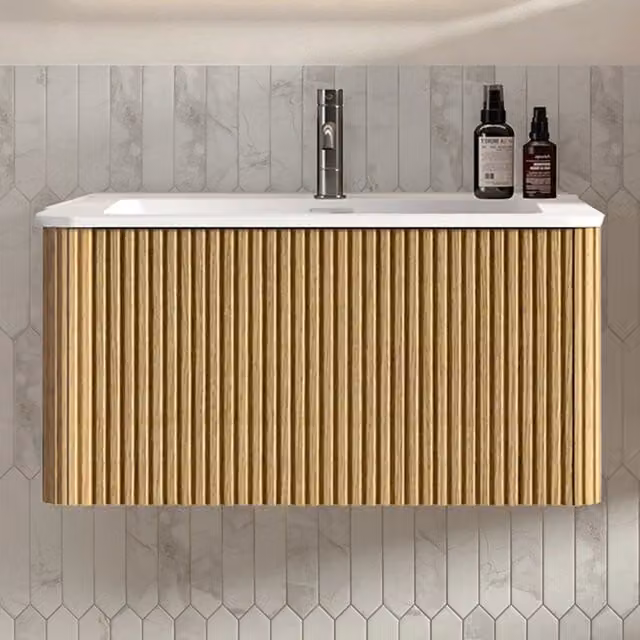 Mobile bagno sospeso WISHDOR con lavabo, design moderno effetto rovere marrone, larghezza: 80 cm – 1