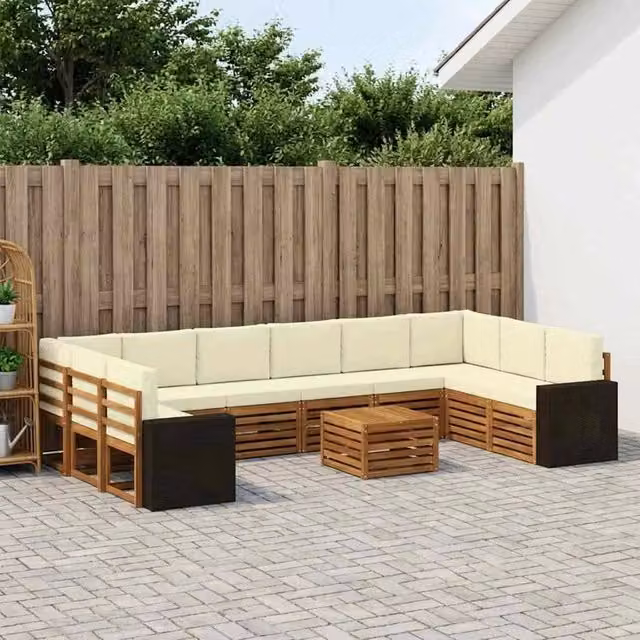 Set di divani da esterno vidaXL a forma di L con tavolo da caffè, 11 pezzi, in legno di acacia e tessuto beige e bianco resistente ai raggi UV – 1