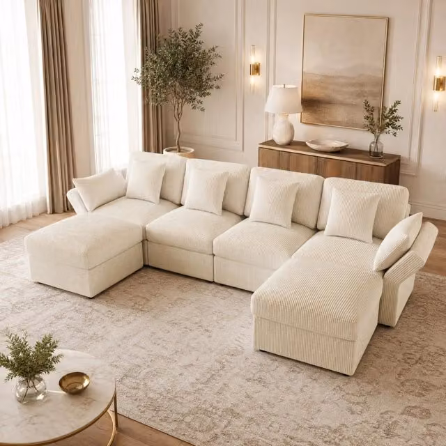 Divano modulare ULEVR 290x159,5 cm con 2 pouf mobili, braccioli regolabili e 6 cuscini, in velluto a coste beige