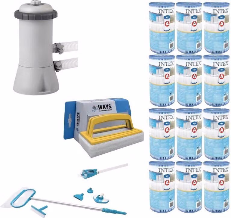 WAYS - Cura della piscina - Set di manutenzione Deluxe & pompa filtro 2271 L/u & 12 filtri tipo A & spazzola WAYS