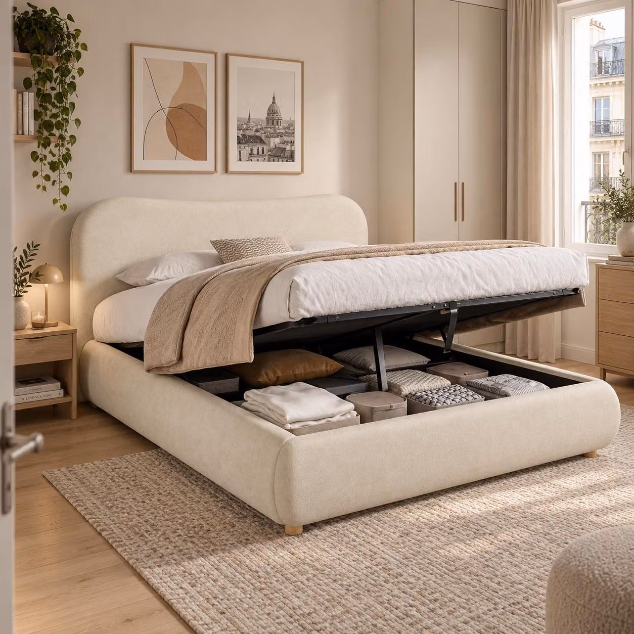 Letto imbottito STILVORA, 160 x 200 cm, con spazio contenitore idraulico, letto matrimoniale con rete a doghe e testiera, letto multifunzionale con gambe in legno massello, rivestito in tessuto chenille color beige