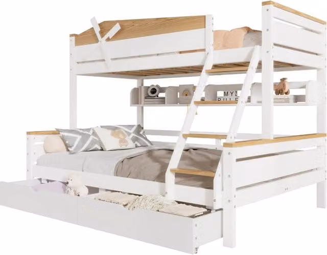 Letto a castello Chicfurn in legno massiccio bianco con scala a 4 gradini, ripiani e 2 cassetti, dimensioni L/P/H: 205 x 120 x 155 cm
