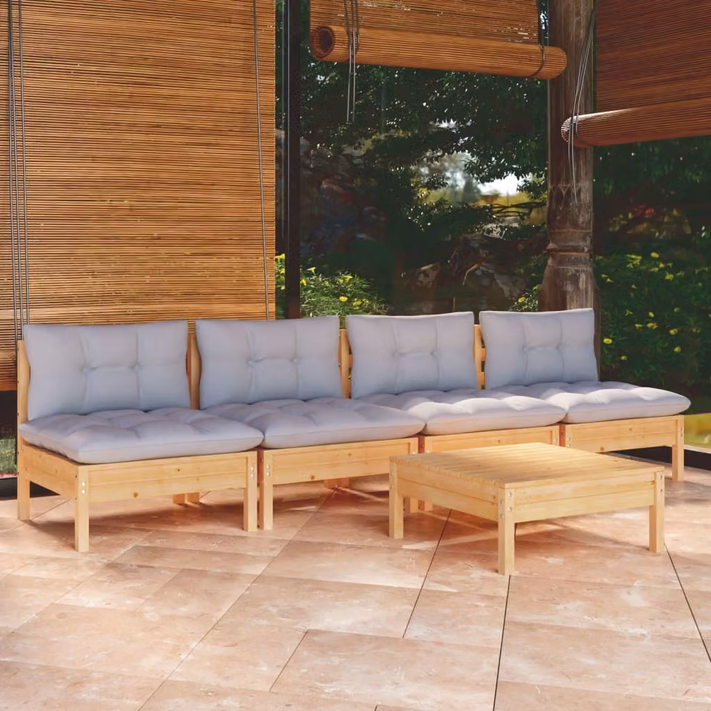 The Living Store Set da giardino 5 pezzi con cuscini grigi in legno di pino