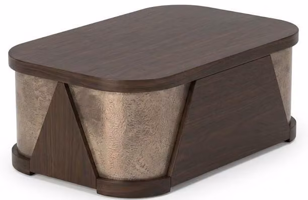Tavolino in legno scuro con decorazioni in metallo color bronzo