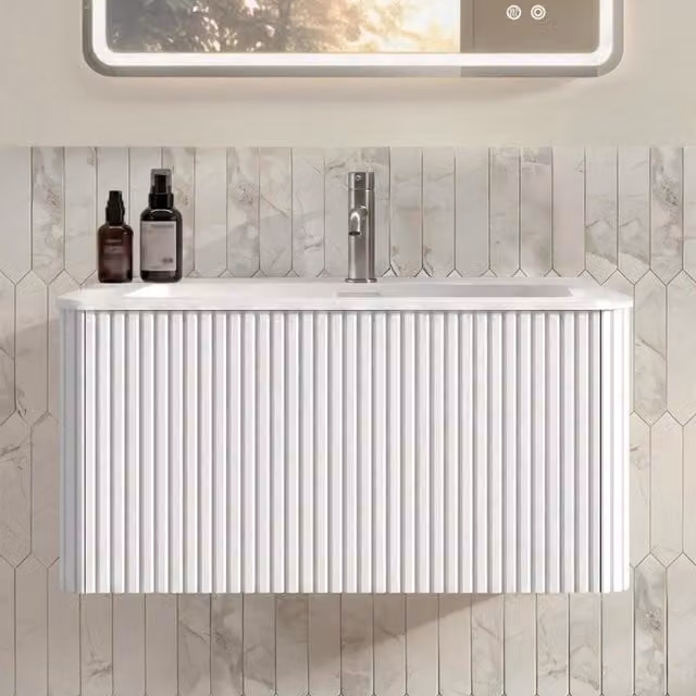 Lavabo sospeso 80 cm con mobiletto, minerale di quarzo, design scanalato, bianco, preassemblato