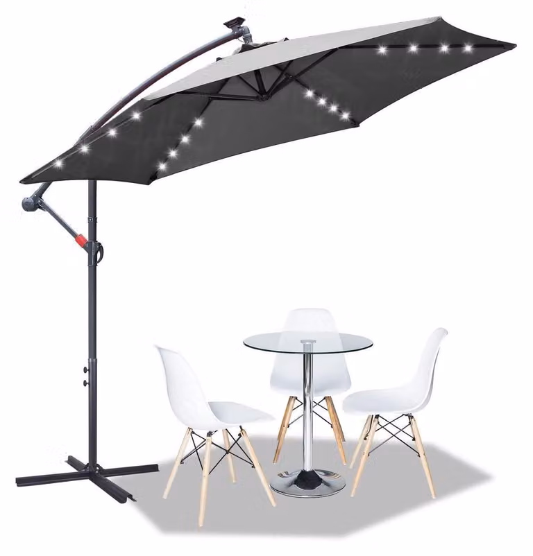 Ombrellone da giardino, diametro 350 cm, ombrellone con manovella e illuminazione a LED, protezione UV, impermeabile, disponibile nei colori beige e grigio