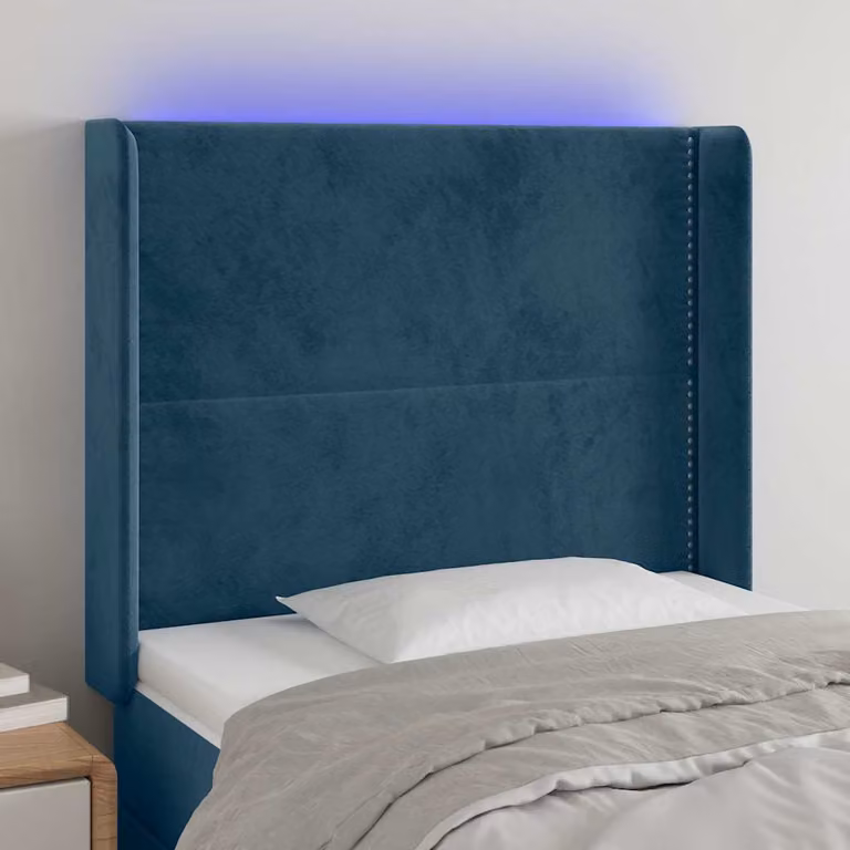 Testiera per letto vidaXL in velluto blu con illuminazione LED e porta di ricarica USB, L/P/H: 103 x 16 x 118/128 cm
