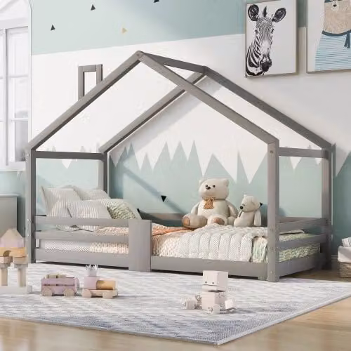 Letto Casetta per Bambini con Protezione Anticaduta ¨C MINIMAL ¨C Pino Grigio 90x200