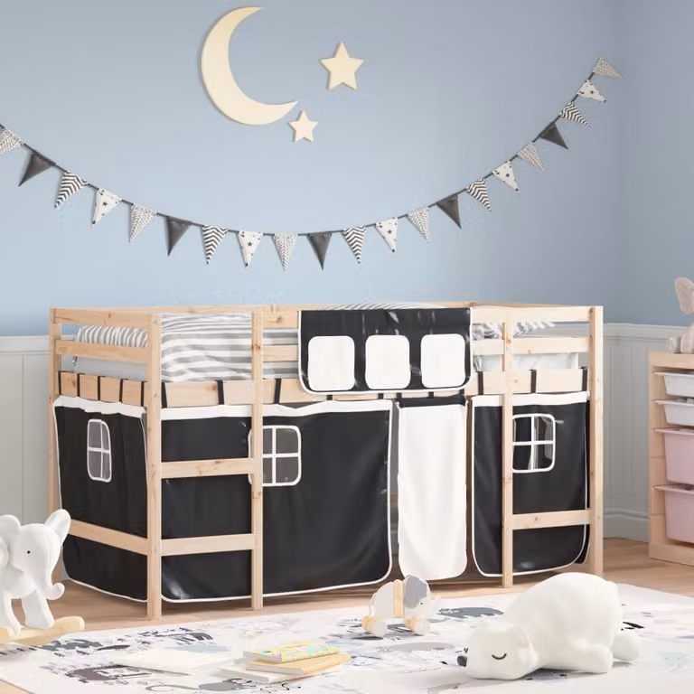 vidaXL Letto a Soppalco per Bambini in Legno di Pino con Tende, Bianco e Nero, L/P/H: 205.5 x 80 x 113.5 cm