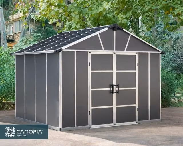 Casetta da giardino Yukon Canoia in policarbonato e alluminio con doppia porta e finestra, Grigio, L: 332 cm, P: 271 cm, H: 252 cm