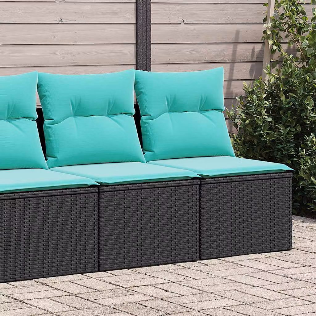 Set di divani da giardino da 2 posti vidaXL in polyrattan nero con cuscini blu e struttura in metallo e acacia