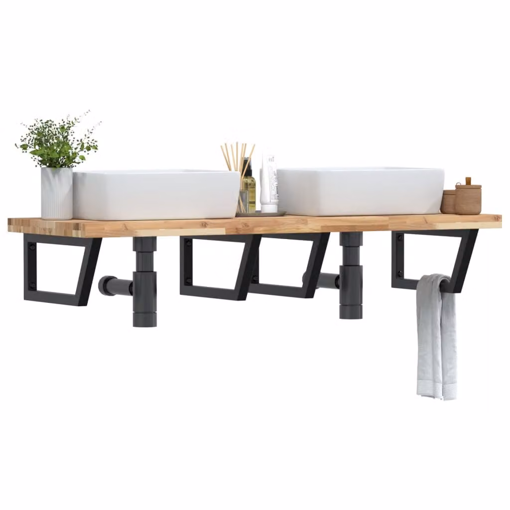 vidaXL Ripiano a Parete per Lavabo in Accacia e Metallo, Nero e Marrone, L: 50 cm, P: 24 cm, H: 50 cm