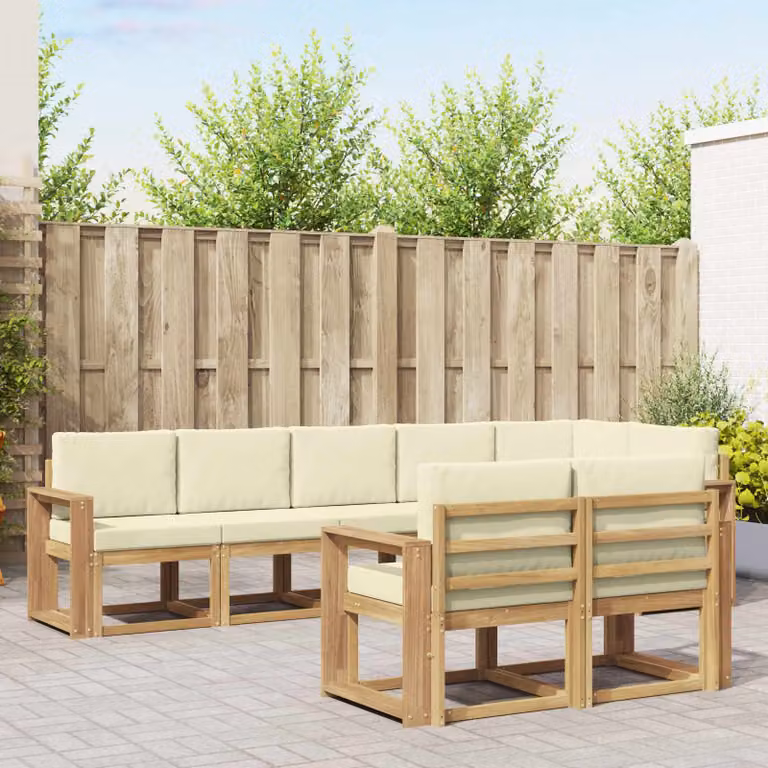 vidaXL Set di divani da esterno a L composto da 8 pezzi in legno di acacia con cuscini, Bianco, Beige e Marrone