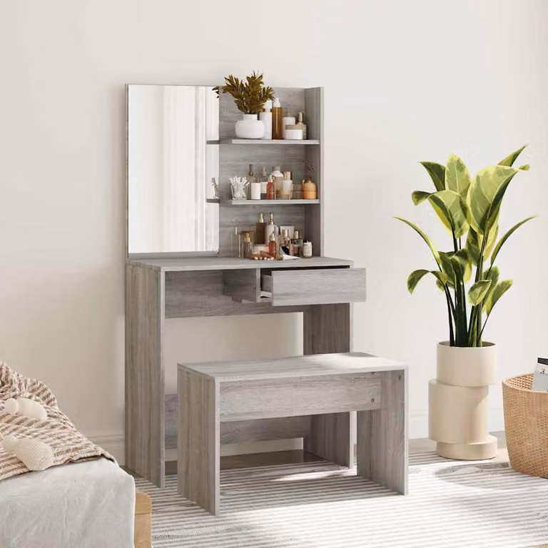 Set Tavolo da Toeletta vidaXL Grigio Sonoma L: 74,5 cm, P: 40 cm, H: 141 cm