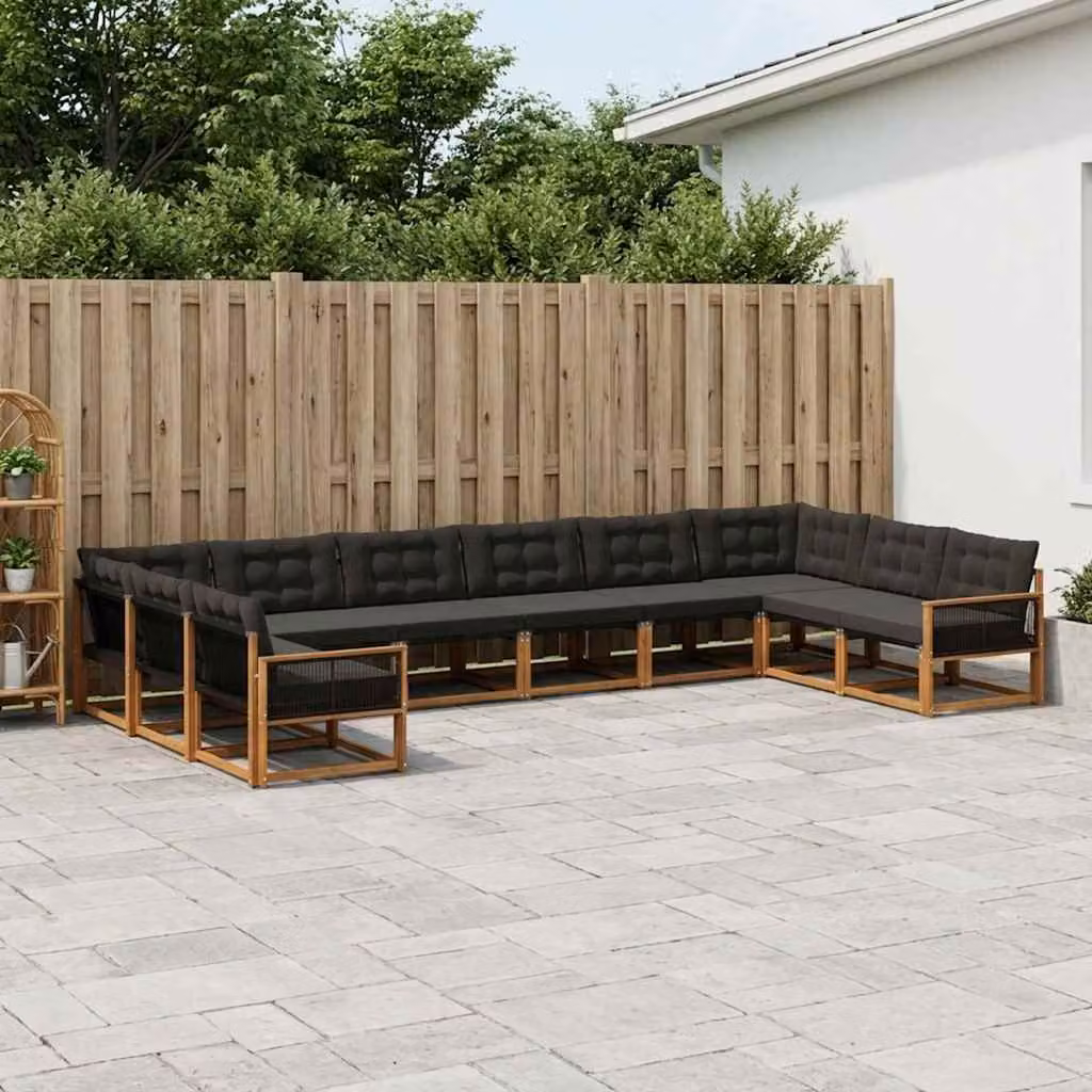 Set di divani da esterno vidaXL 10 pezzi in legno di acacia con cuscini rimovibili, colore marrone e nero
