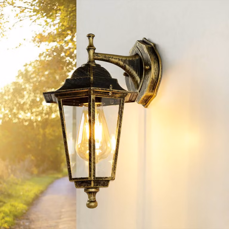 Applique da esterno "Paris" alluminio vetro oro antico H:32cm IP44 lampada da parete giardino