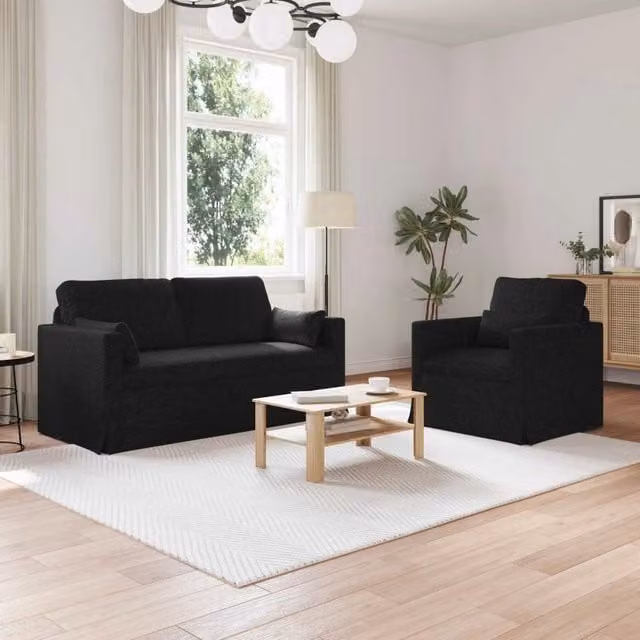 Set di 2 divani moderni vidaXL in tessuto nero con struttura in metallo e coperture rimovibili per soggiorno o camera da letto