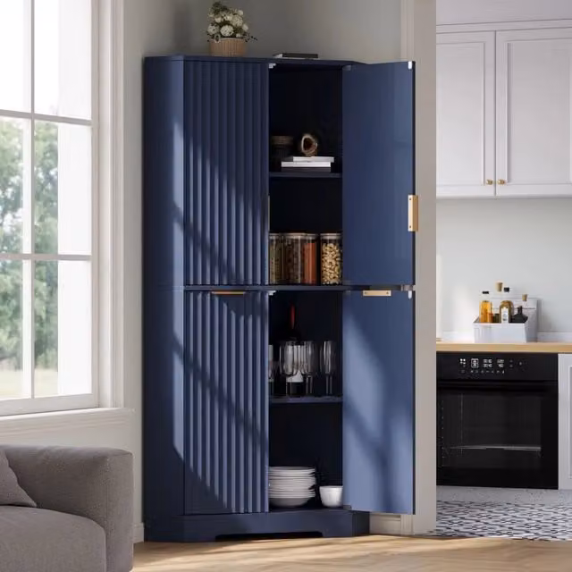 Mobile angolare moderno in MDF blu con ripiani interni e ante a battente, L/P/H: 60 x 60 x 172 cm