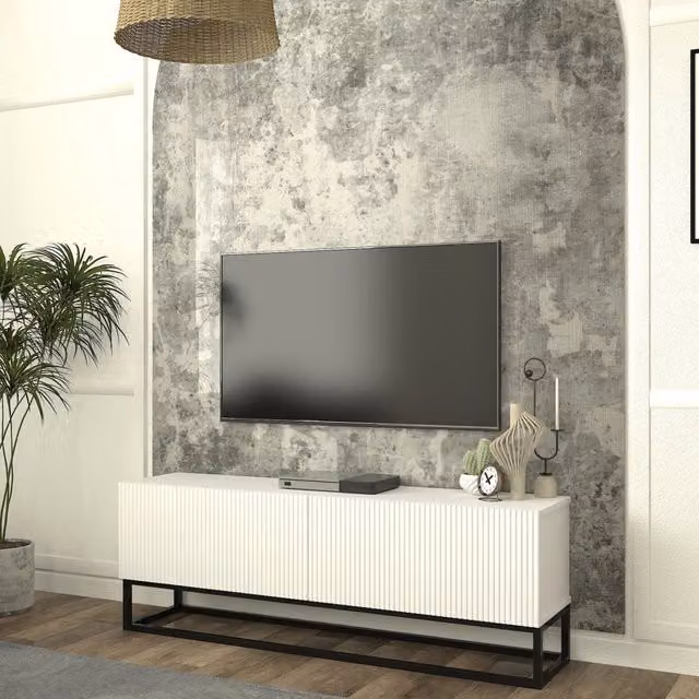 Mobile Porta TV Verpsboga a 2 Ante Decorative e Telaio Lungo in Metallo 135x32x47 cm - Bianco [en.casa]