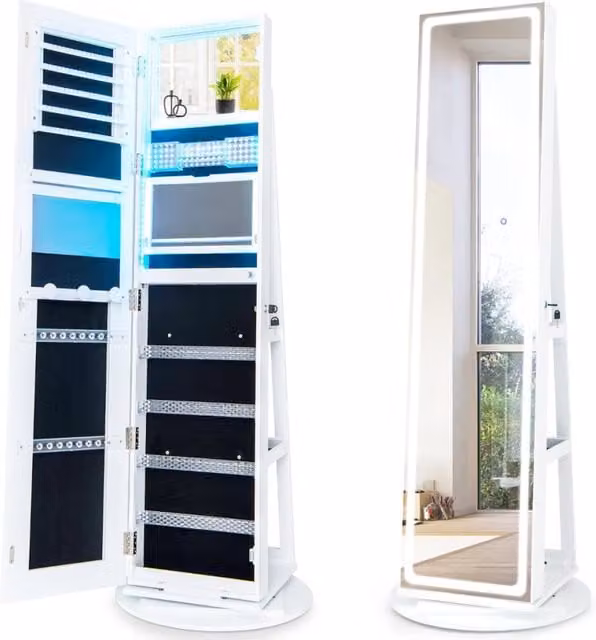 Mobile portagioie con specchio a LED regolabile, Armadio organizer portagioie con mensola pieghevole per trucco Bianco