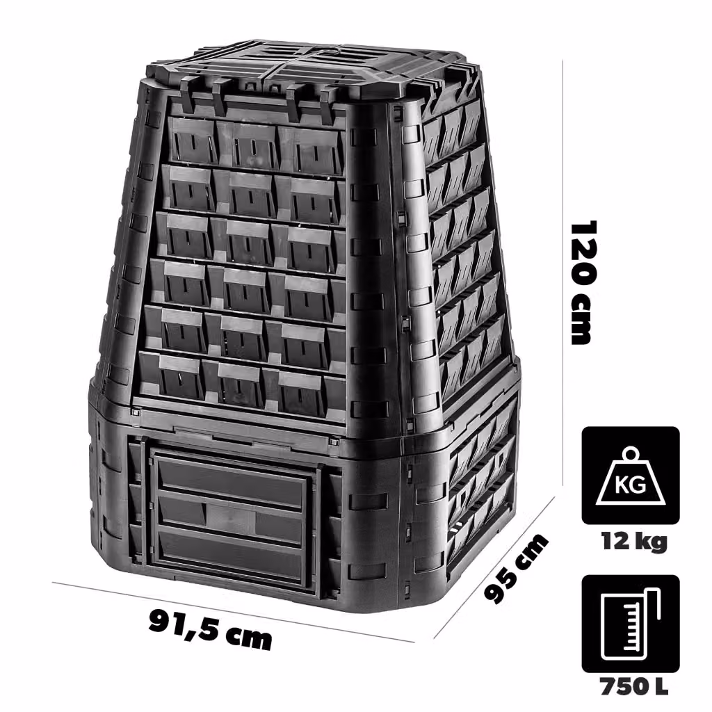Compostiera da giardino modulare Kadax in plastica nera da 750L, resistente al gelo, L: 120 cm, P: 91,5 cm – 2