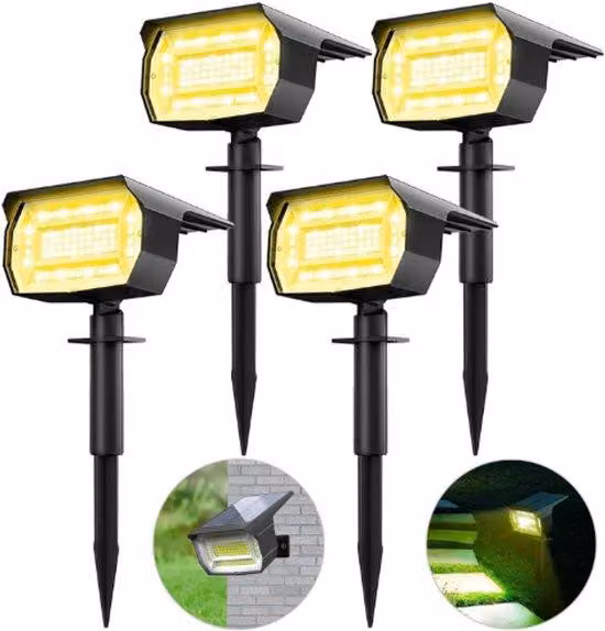 Faretti solari da esterno - 4 pezzi - 72 LED - Illuminazione da esterno - 3000 K - Bianco caldo - Impermeabili - Illuminazione solare per vialetti - Per uso esterno