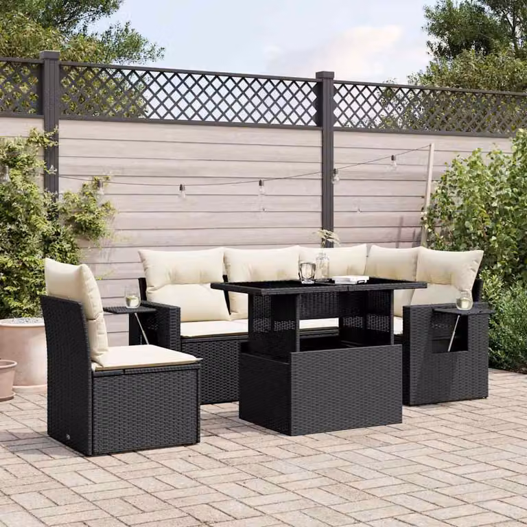 Set Divano da Giardino vidaXL 6 pz a L in Polyrattan Nero con Cuscini e Tavolino