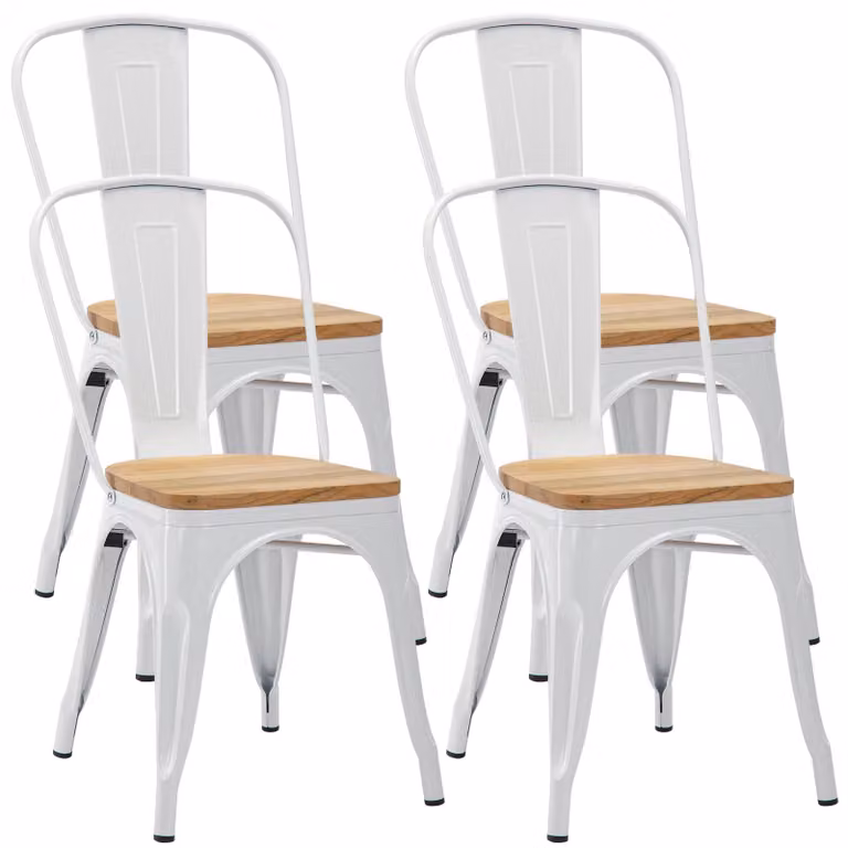 4x sedia da cucina sedia da pranzo in METALLO seduta in legno impilabile, colore:bianco+legno naturale, materiale:metallo