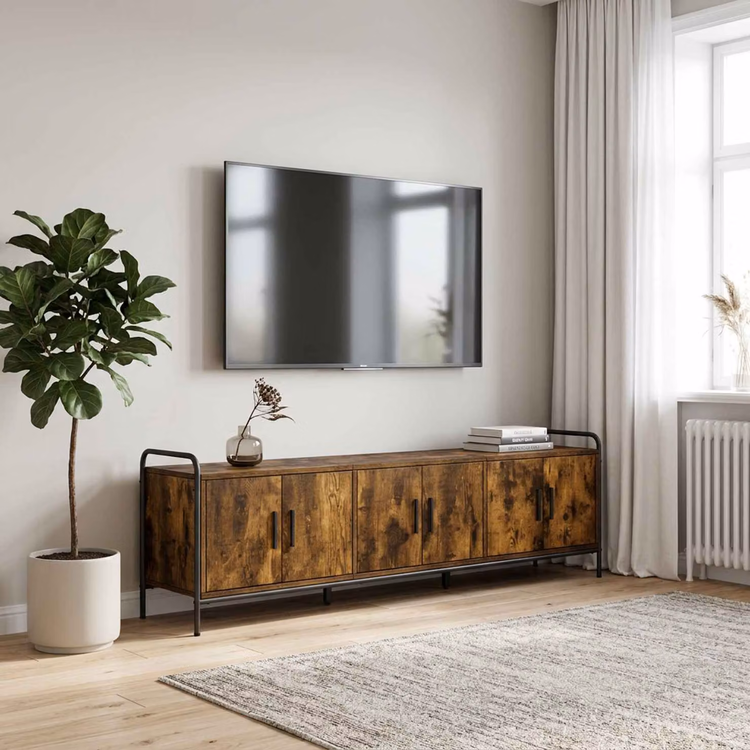 Mobile TV vidaXL in legno ingegnerizzato e metallo, Rovere Fumo, L 146 x P 33 x H 50 cm