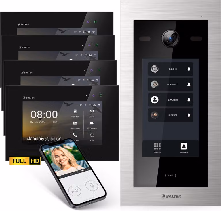 Videocitofono Balter EVO-HD con posto esterno touchscreen, campanello video, app, casa quadrifamiliare, 4x monitor da 7 pollici, full HD, bus a 2 fili, argento/nero