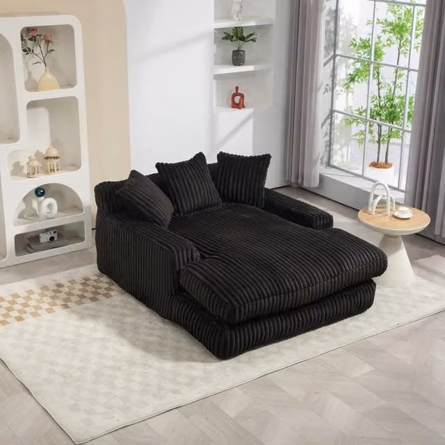 Divano in velluto a coste nero; chaise longue moderna con 3 cuscini; 125x155x63 cm