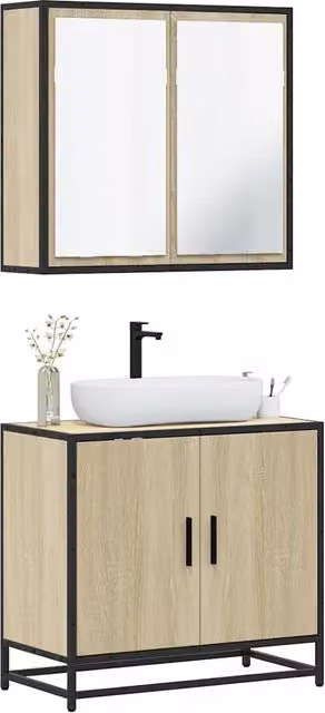 Set Mobili da Bagno Industrial vidaXL in Legno e Metallo Marrone composto da Mobile Lavabo e Armadietto con Specchio, L/P/H: 65 x 33 x 60 cm
