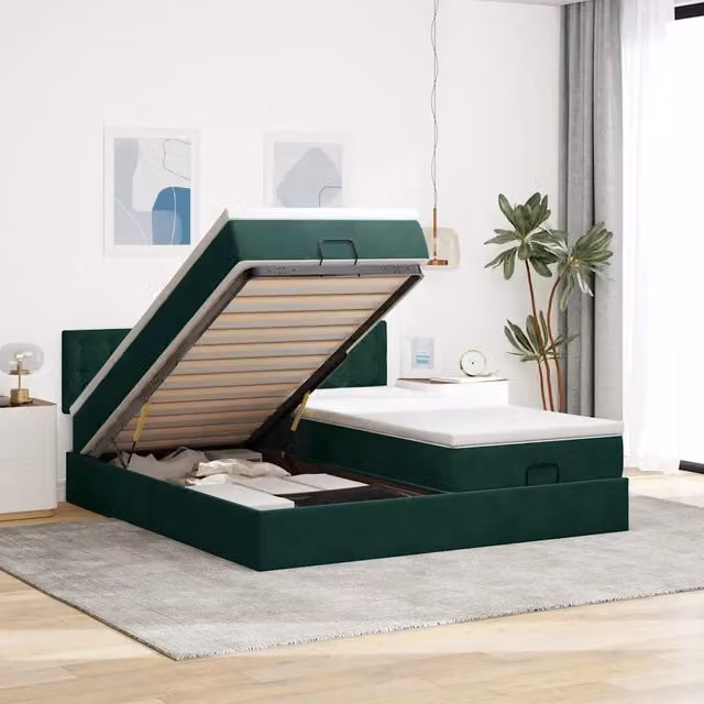 Letto con contenitore a sollevamento vidaXL in velluto verde e bianco con illuminazione sottostante e porta USB, L: 160 cm, P: 203 cm, H: 88 cm – 1