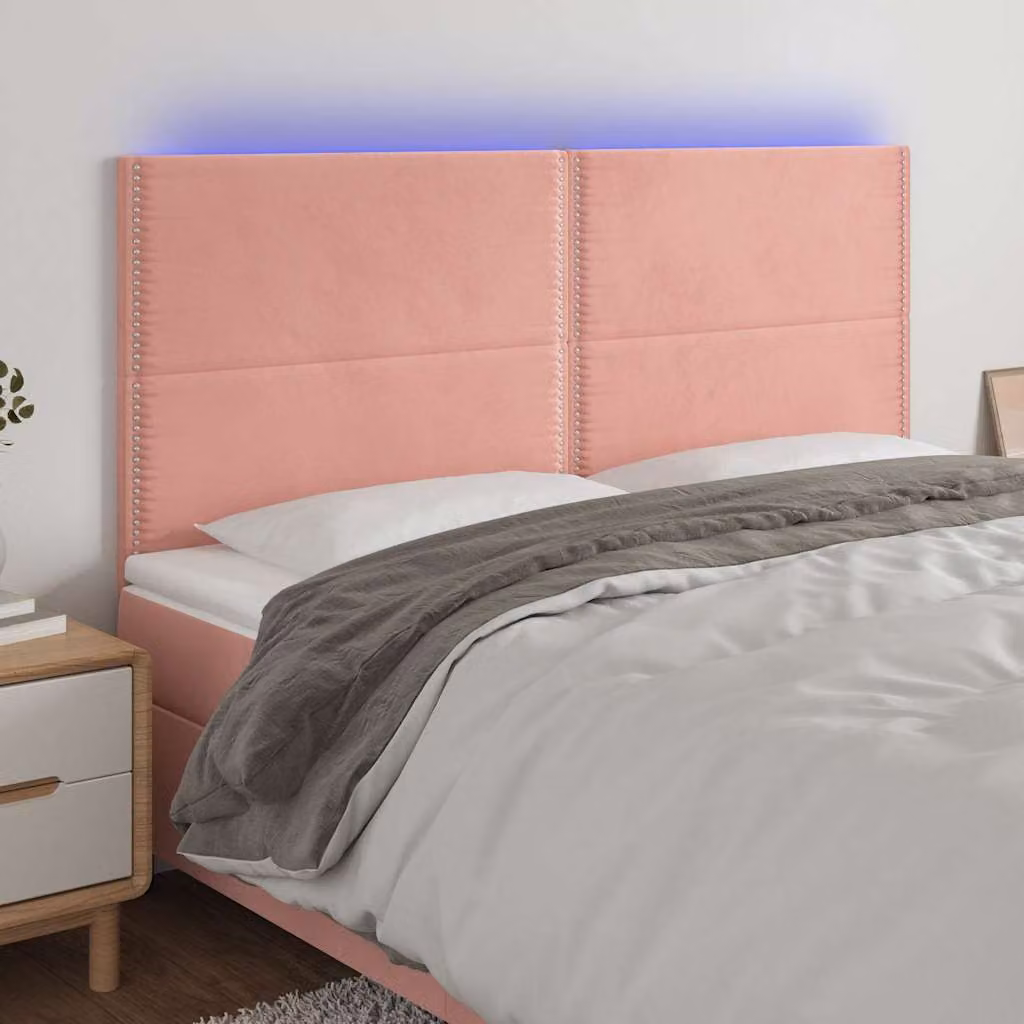 Testiera per letto vidaXL in velluto rosa con illuminazione LED integrata e porta USB, L: 200 cm, P: 5 cm, H: 118/128 cm