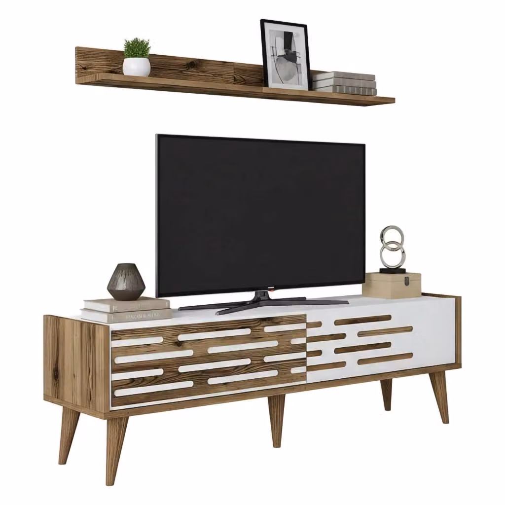 Mobile porta TV DMORA moderno in legno e plastica, Credenza da soggiorno e base per parete attrezzata, L: 140 cm, P: 45 cm, H: 35 cm, Marrone e Bianco – 2