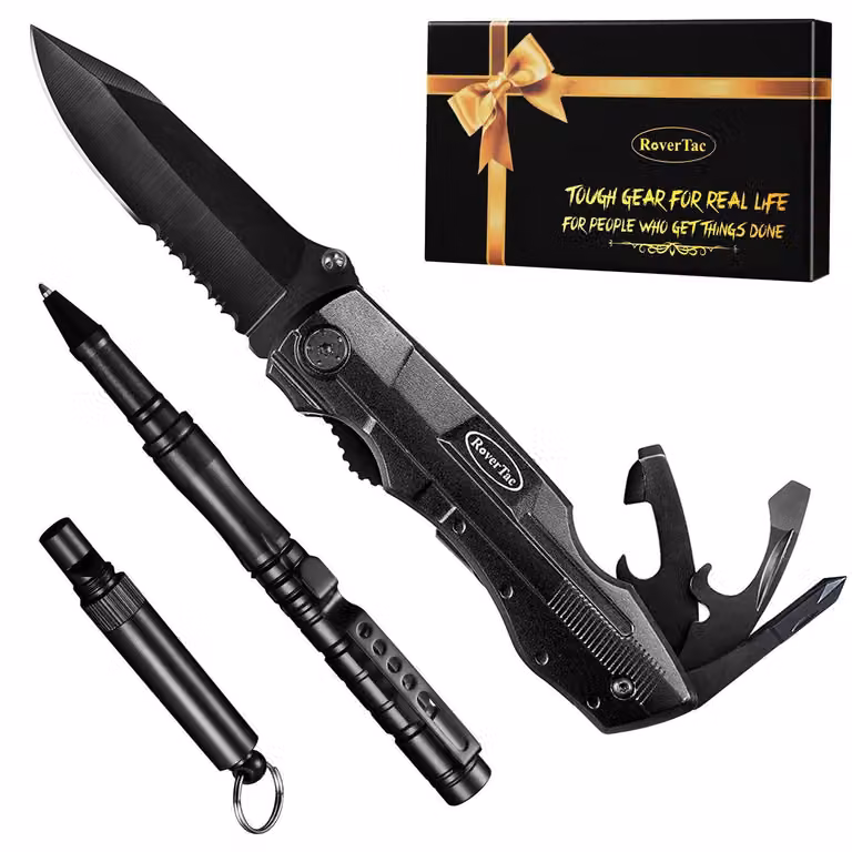 Set regalo per utensili: coltello multiuso con pinze, penna con rompiglaccio, fischietto di emergenza, confezione da 3 pezzi