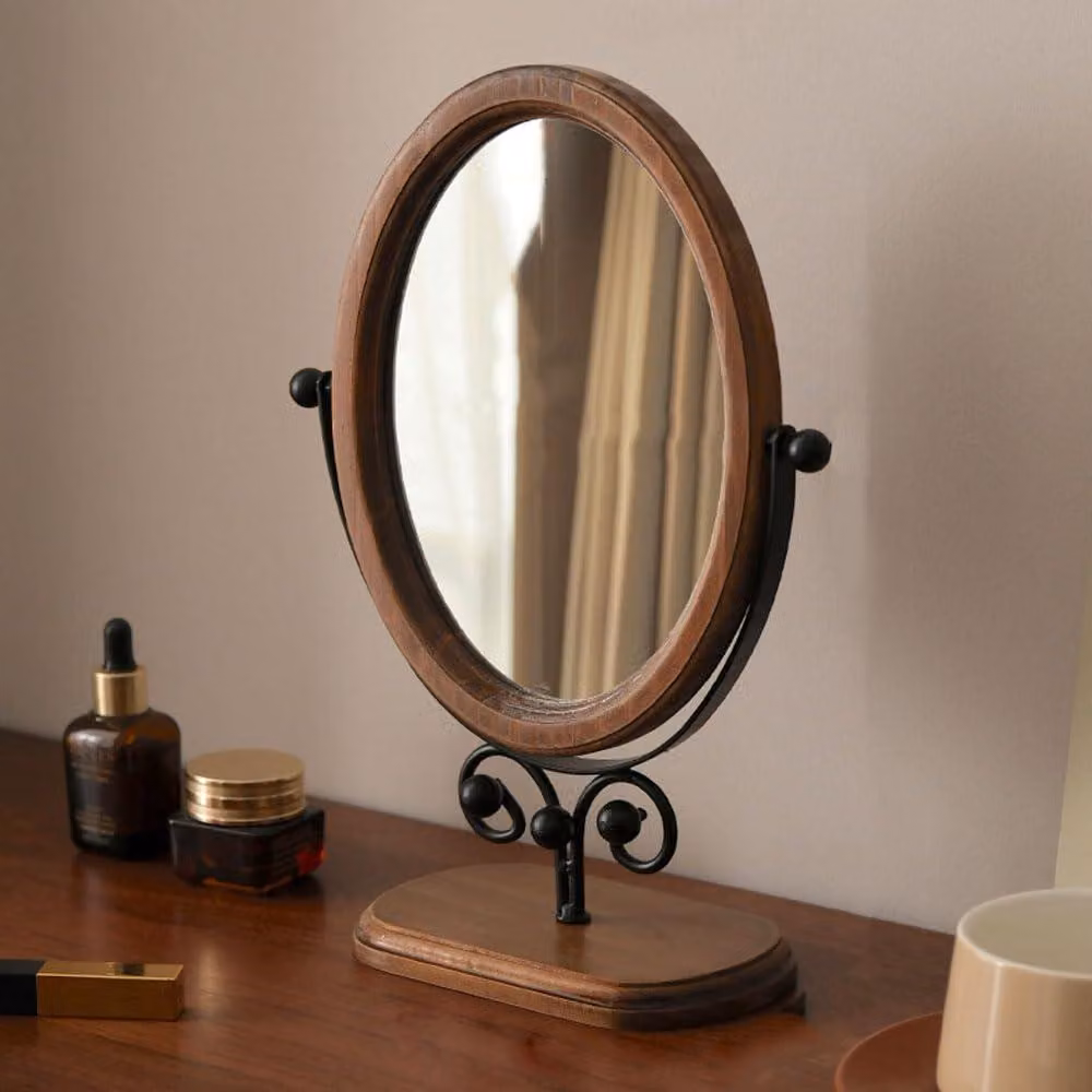 Specchio ovale in legno con supporto, specchio da tavolo, 22x31 cm, colore marrone