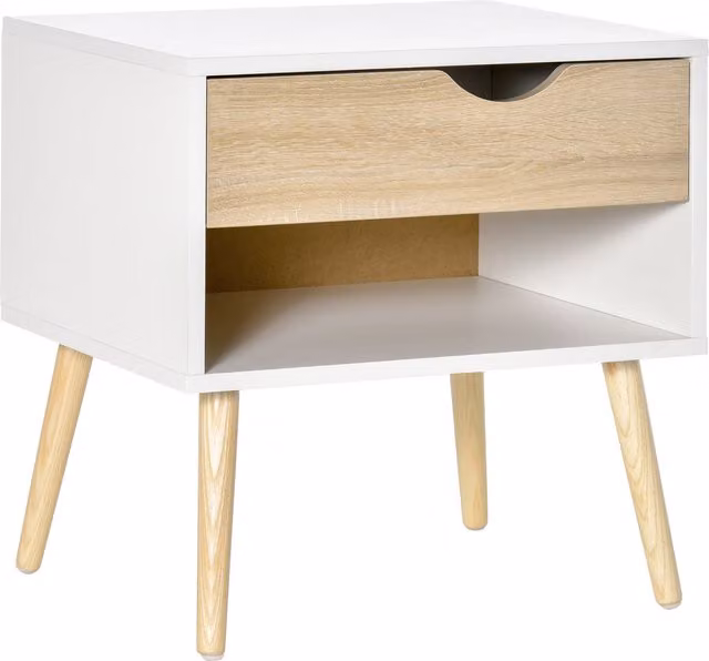Comodino HOMCOM moderno con cassetto e gambe in legno massiccio, bianco e legno naturale, L: 50 cm, P: 39 cm, H: 51 cm
