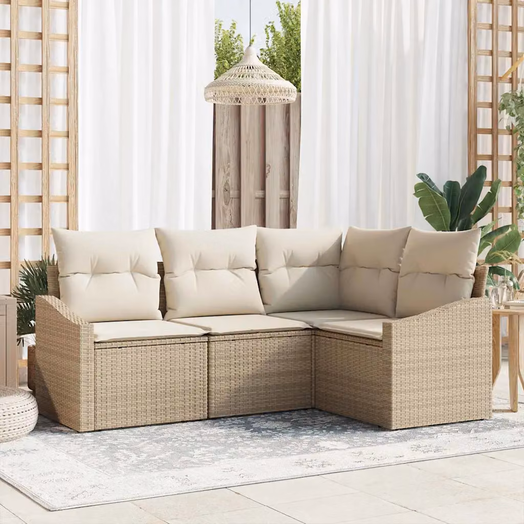 Set di divani da giardino vidaXL a forma di L in polyrattan beige con cuscini e tavolino da esterno