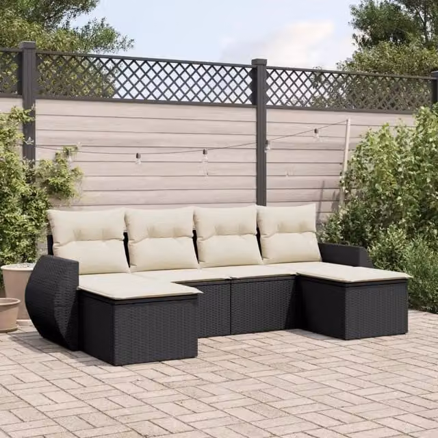 Set Divano da Giardino 6 pz con Cuscini-Sofa da Giardino-Divanetto da esterno Nero in Polyrattan 785925
